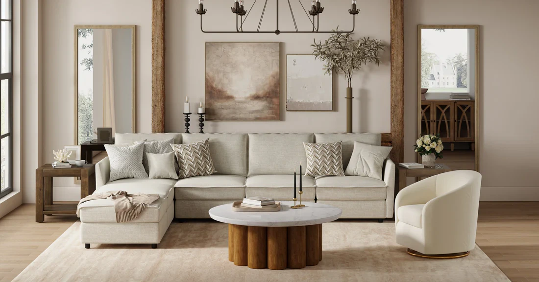 Modular cloud couch seating in a Los Angeles home, neutral palette and relaxed composition