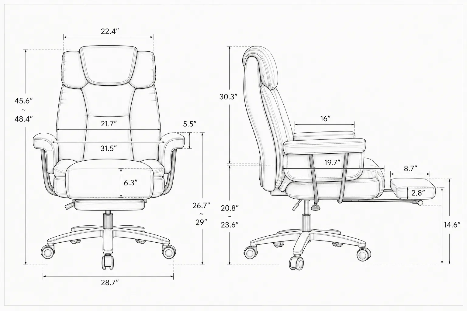 Big and tall office chair dimension diagram with overall width, seat depth, and adjustable height in inches
