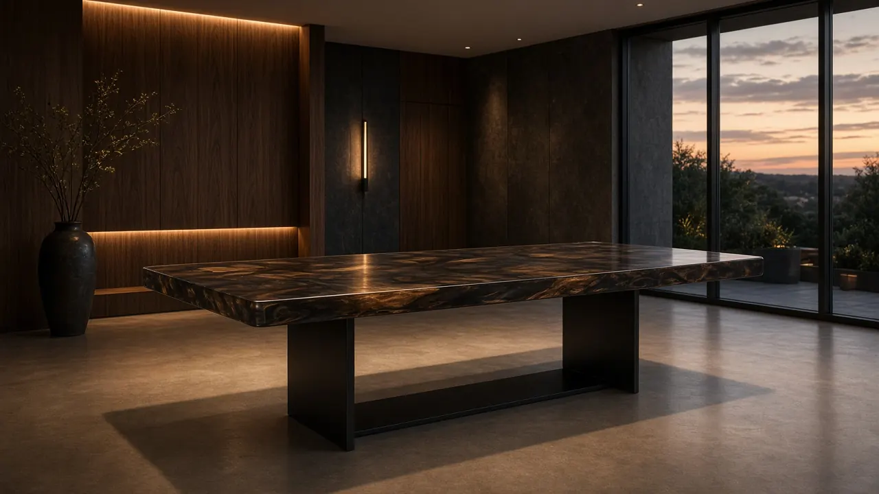 Custom-sized epoxy table in an architectural dining space