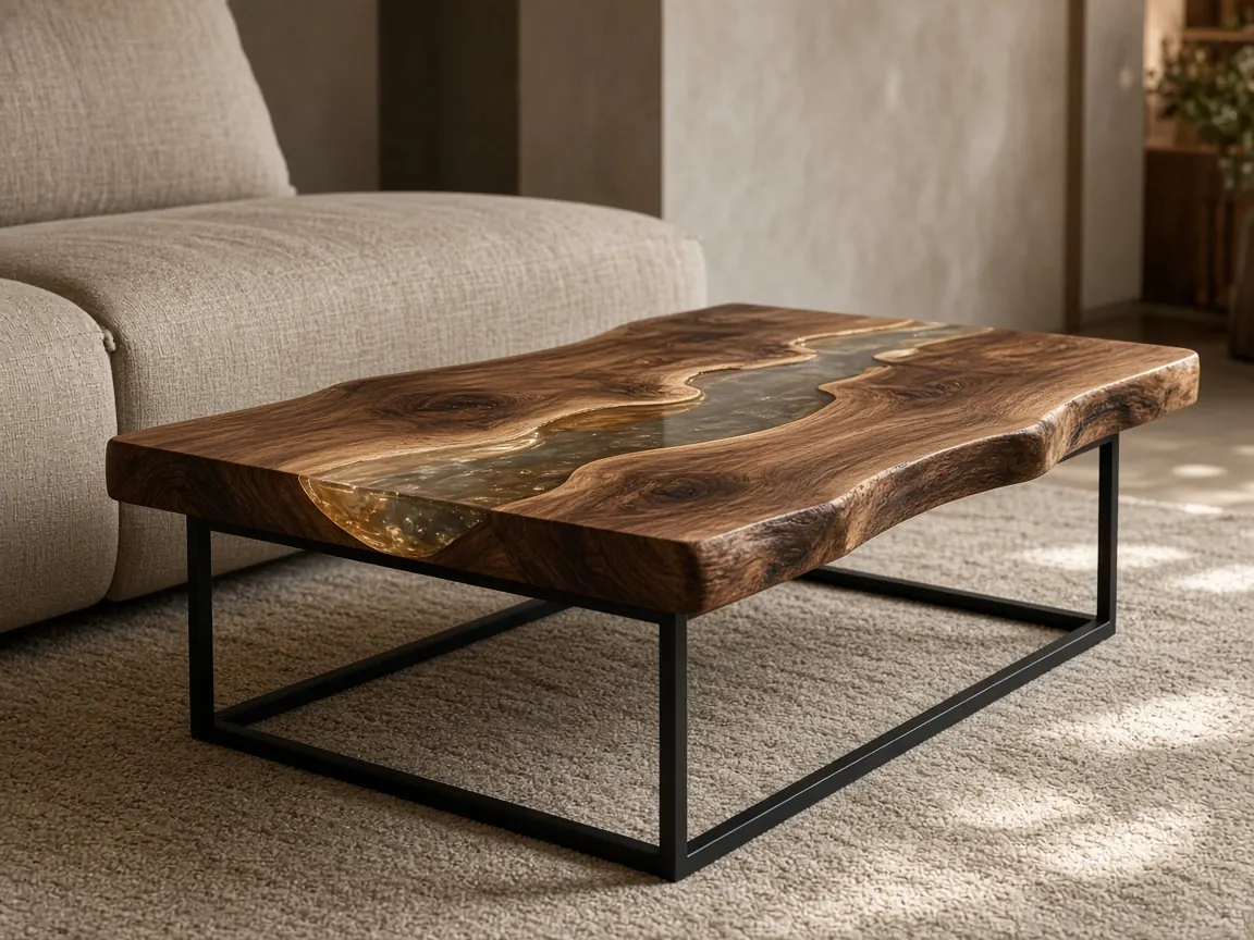 Live-edge epoxy coffee table in a living room