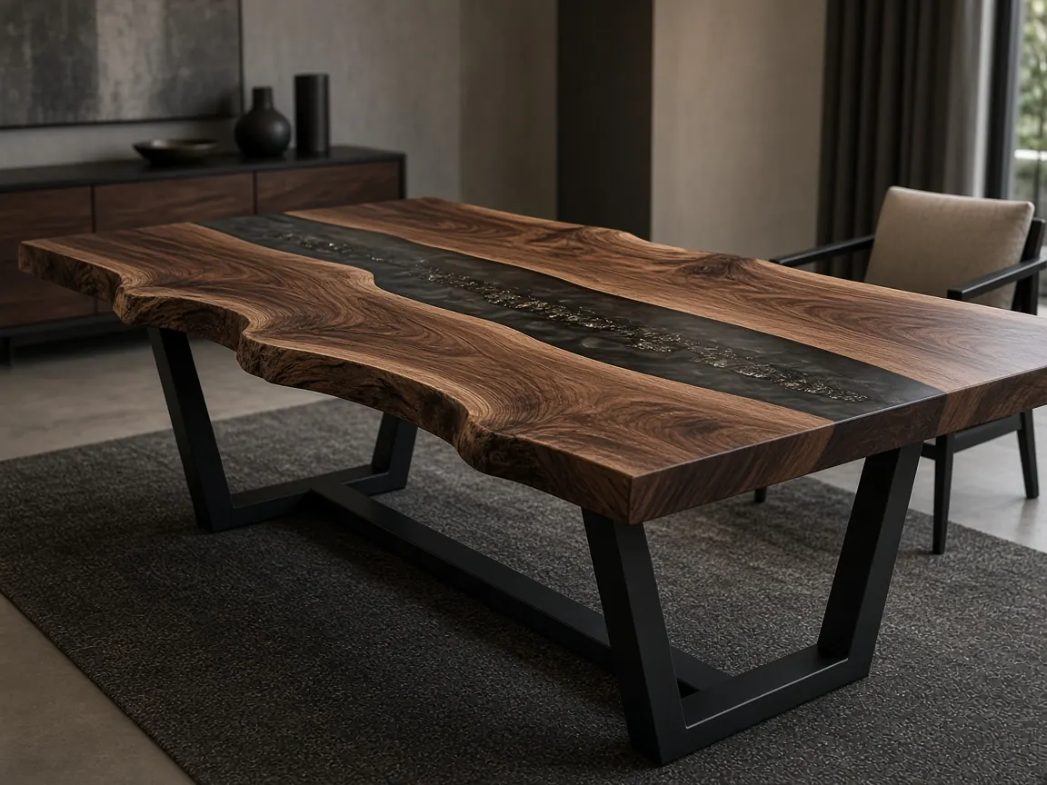 Epoxy dining table with solid wood slab and dark resin