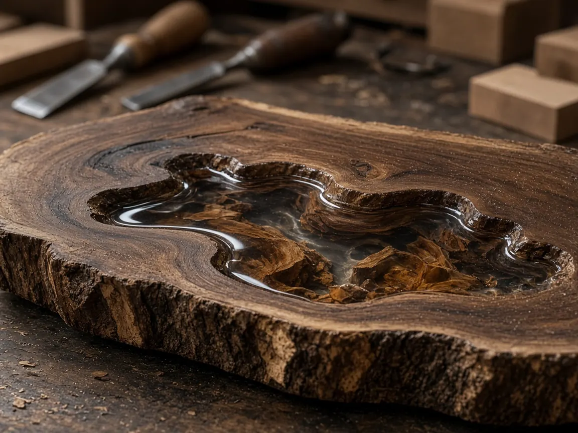 Live-edge walnut slab with clear resin fill during finishing