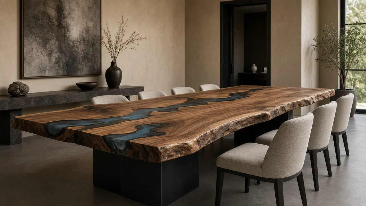 Walnut dining table with smoked resin and a black steel base in a contemporary room
