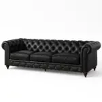Black leather Chesterfield sofa with deep button tufting