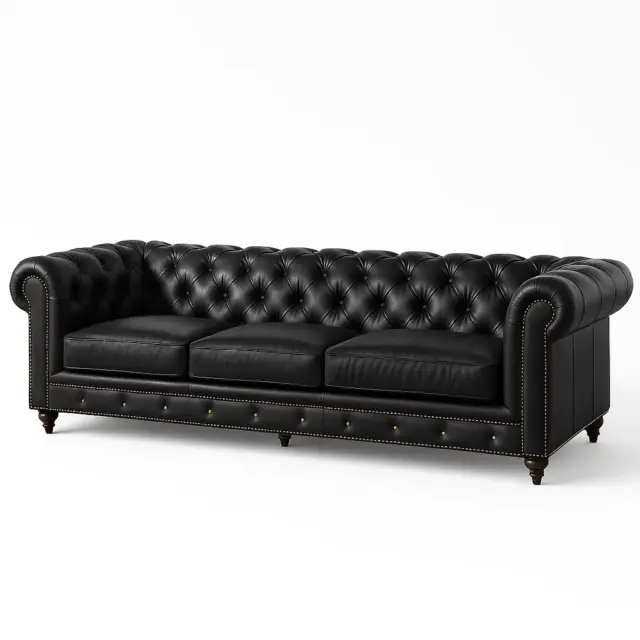 Black leather Chesterfield sofa with deep button tufting