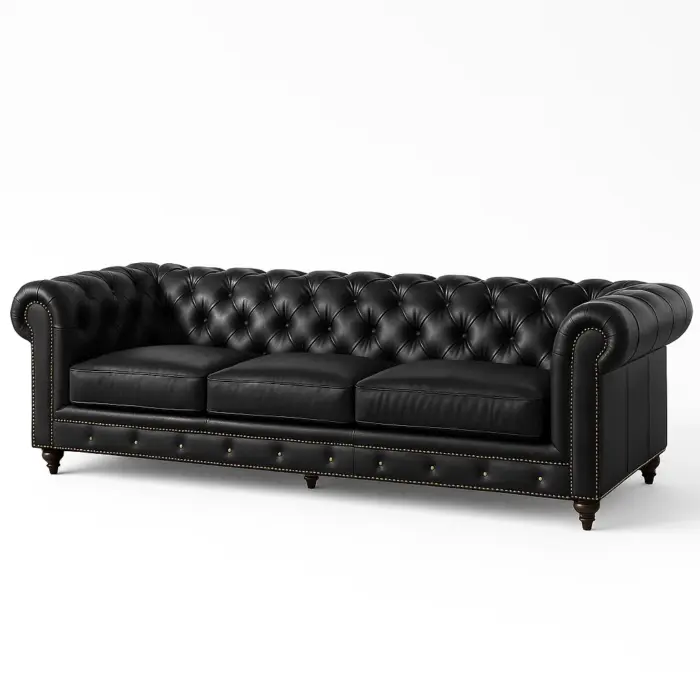 Black leather Chesterfield sofa with deep button tufting