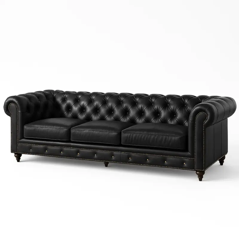 Black leather Chesterfield sofa with deep button tufting