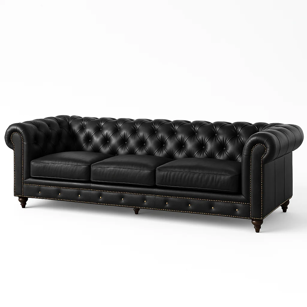 Chesterfield sofa (2) Black leather Chesterfield sofa with deep button tufting