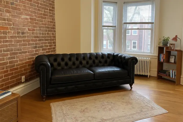 Chesterfield Sofa Black shown in a realistic home living room setting