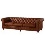 Brown leather Chesterfield sofa with deep button tufting