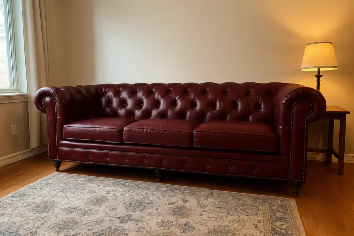 Chesterfield Sofa Burgundy shown in a realistic home living room setting