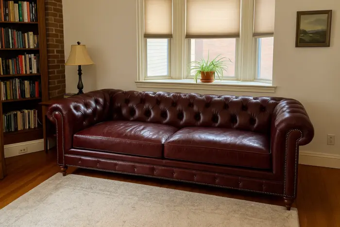 Chesterfield Sofa Burgundy shown in a realistic home living room setting