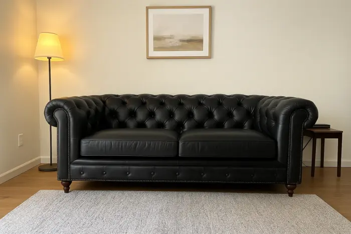 Chesterfield Sofa Loveseat Black shown in a realistic home living room setting