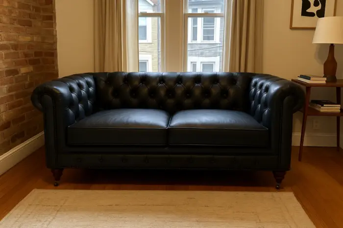 Chesterfield Sofa Loveseat Black shown in a realistic home living room setting