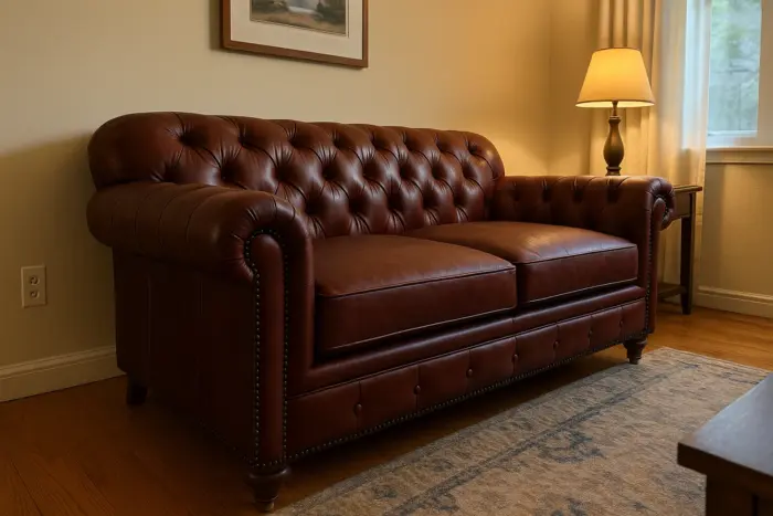 Chesterfield Sofa Loveseat Burgundy shown in a realistic home living room setting