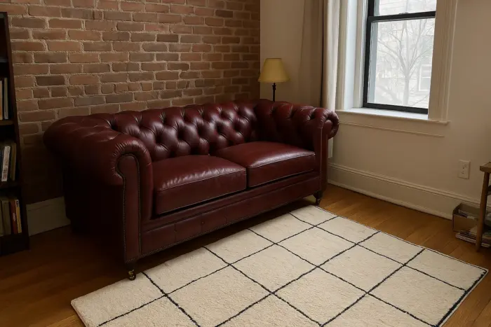 Chesterfield Sofa Loveseat Burgundy shown in a realistic home living room setting
