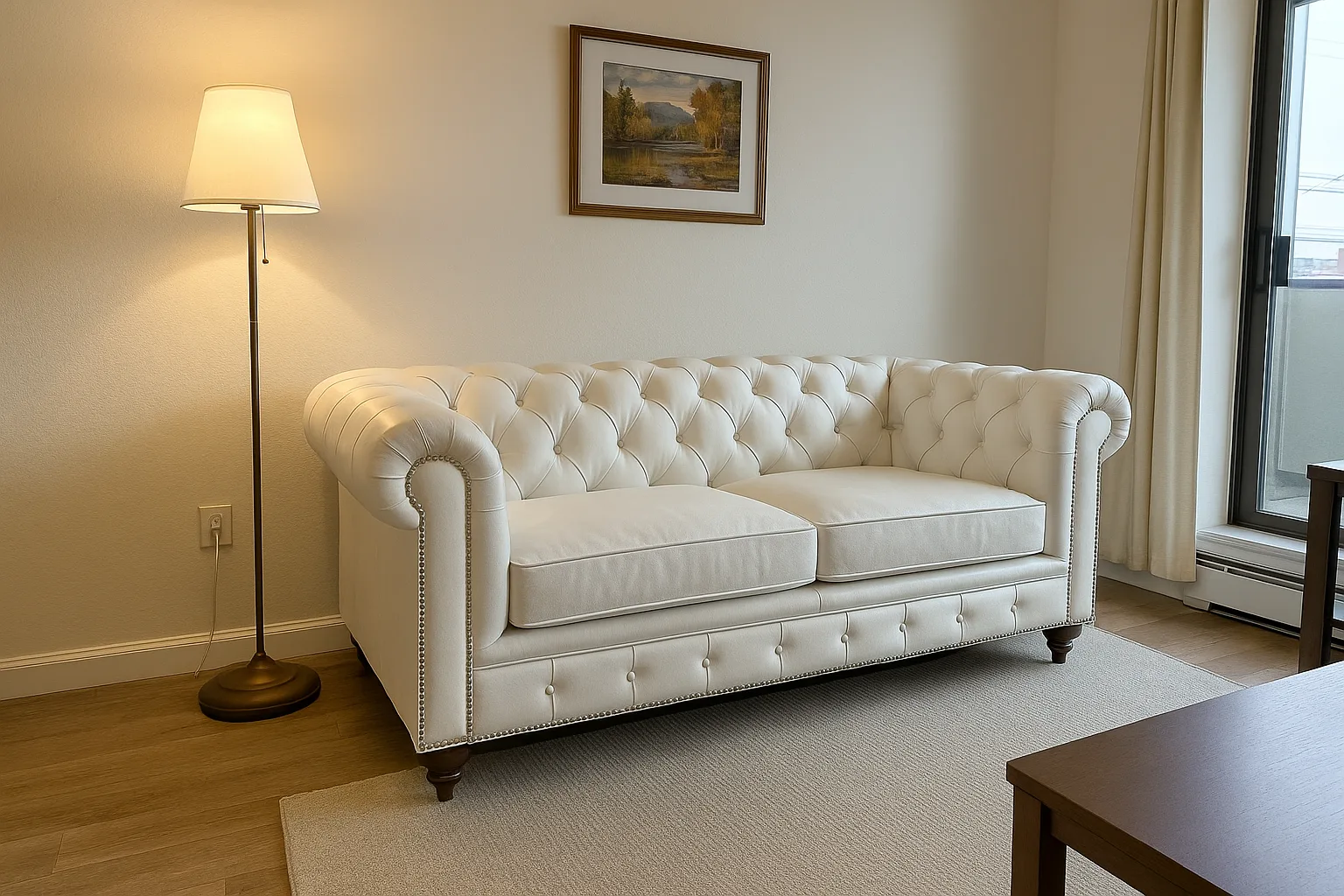 Chesterfield Sofa Loveseat White shown in a realistic home living room setting