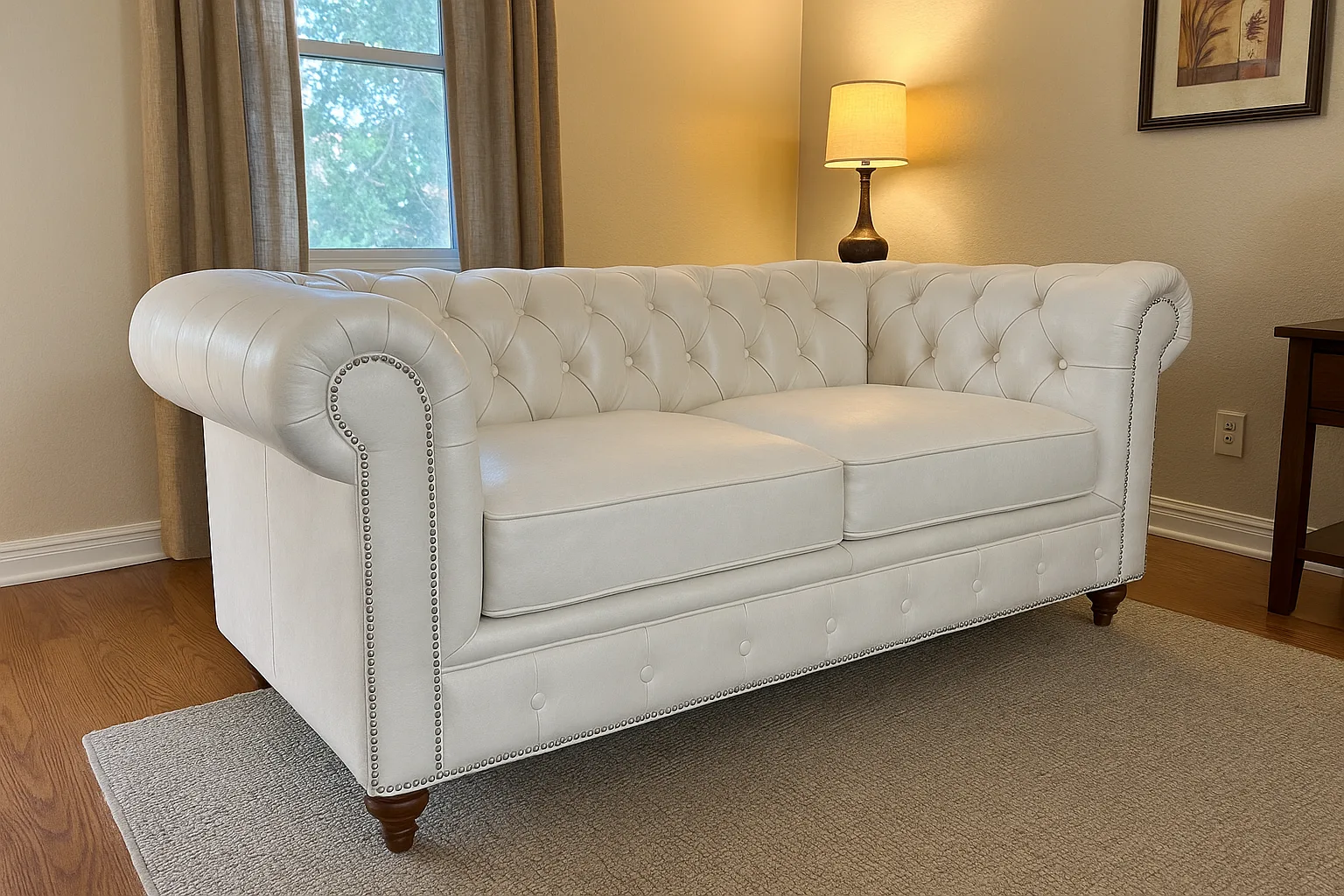 Chesterfield Sofa Loveseat White shown in a realistic home living room setting