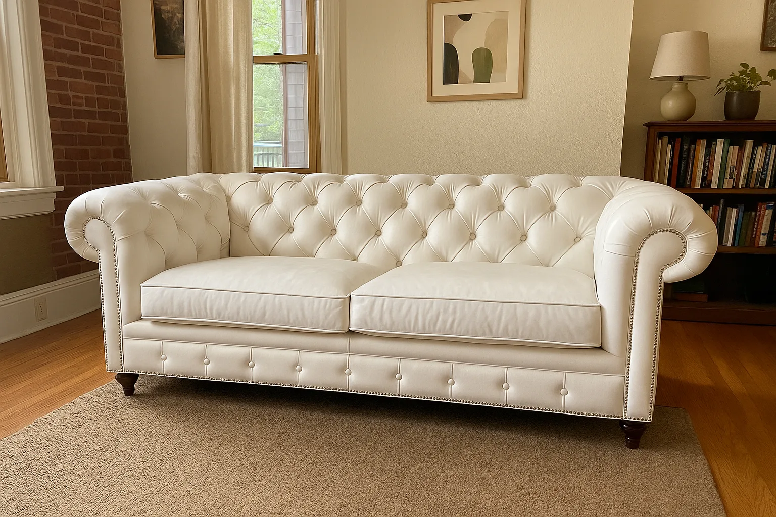 Chesterfield Sofa Loveseat White shown in a realistic home living room setting