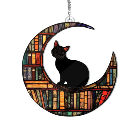 Moon Cat & Book Acrylic Hanging Ornament – Celestial Bookshelf Deco