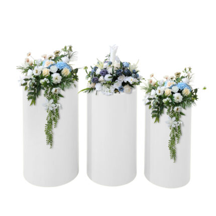 White Wedding Display Columns – 3 Cylinder Pedestal Stands for Events