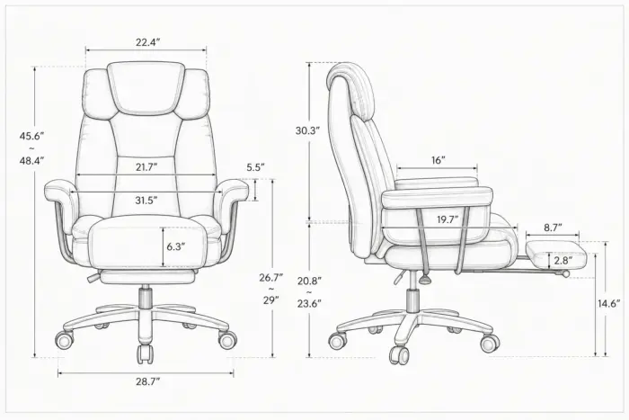 Dimension diagram for big and tall office chair in inches