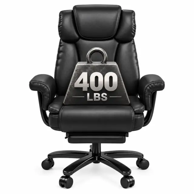 Black big and tall office chair with footrest, front view