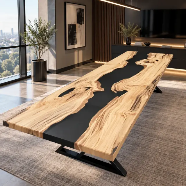 Custom live edge epoxy resin dining table with black river and metal base