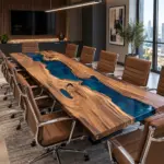 Custom live edge epoxy table with blue resin river in a conference room