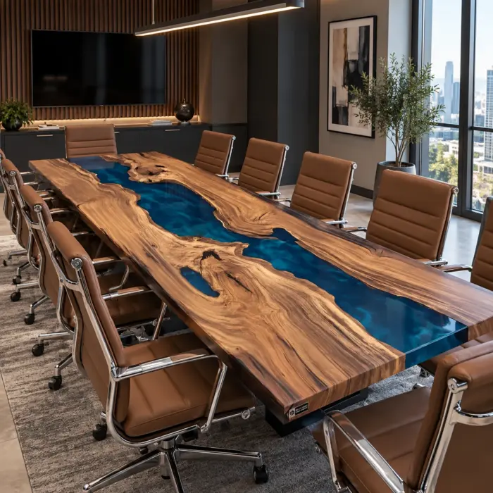 Custom live edge epoxy table with blue resin river in a conference room