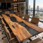 Custom live edge epoxy table with black resin river in a modern conference room