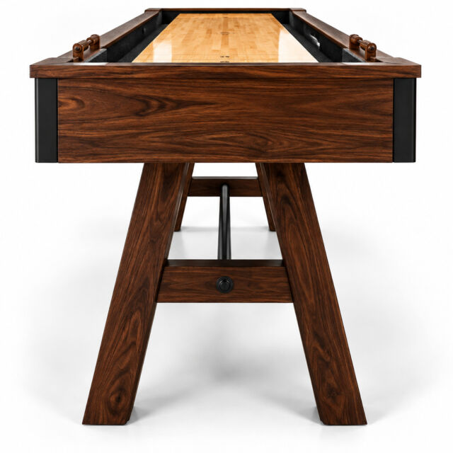 Walnut custom shuffleboard table product shot on white background