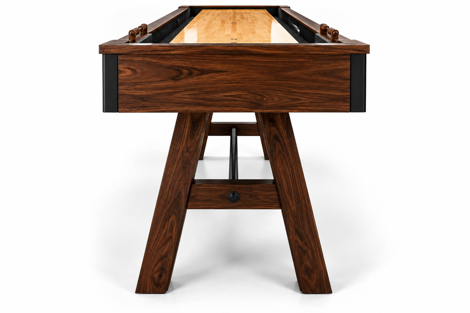 Walnut custom shuffleboard table product shot on white background