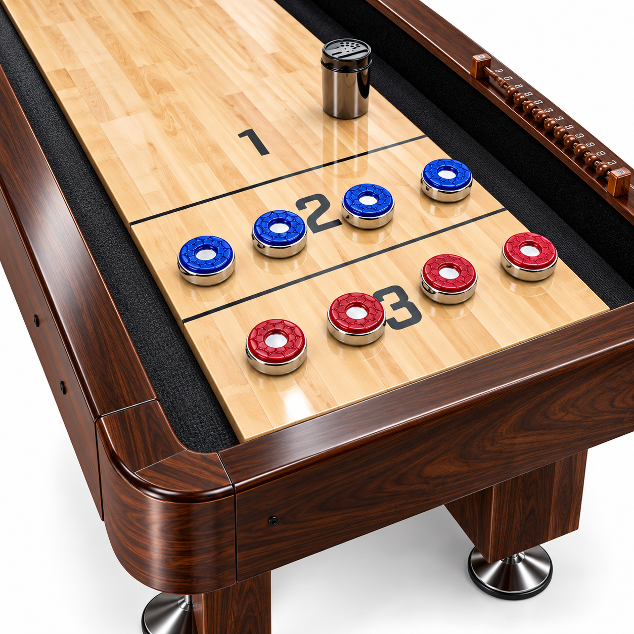 Walnut shuffleboard table in studio lighting