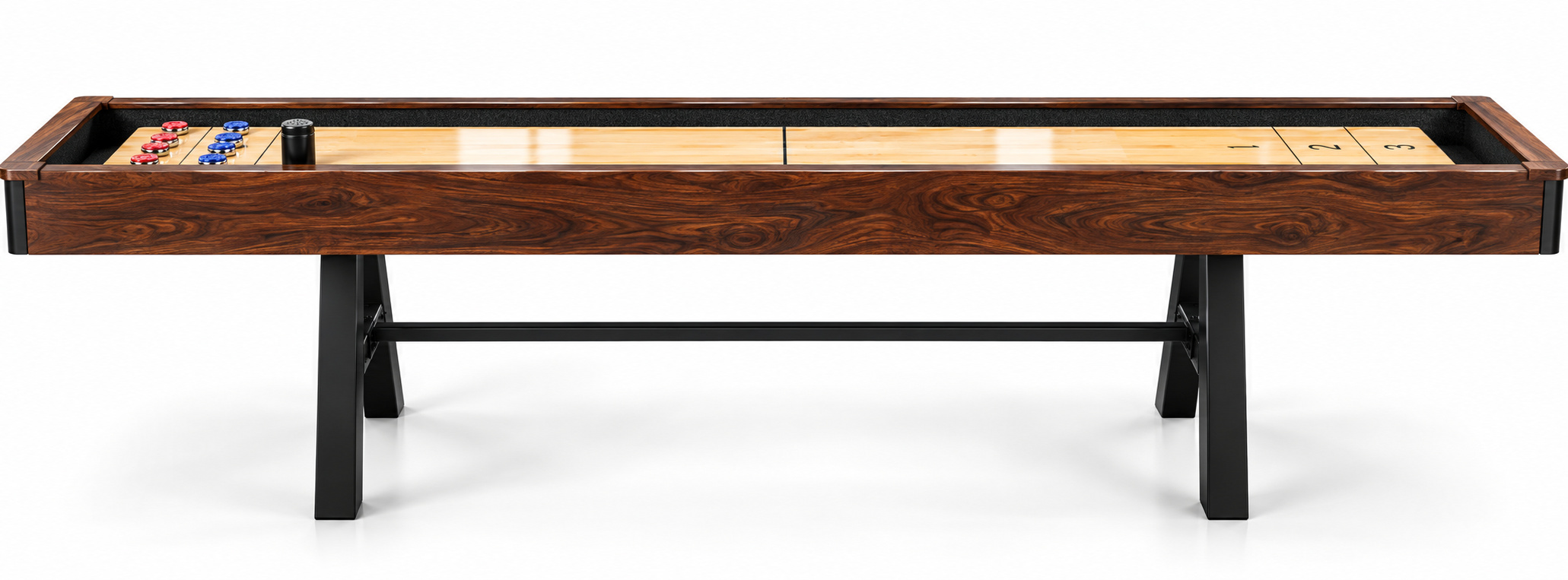 Premium walnut shuffleboard table alternate angle