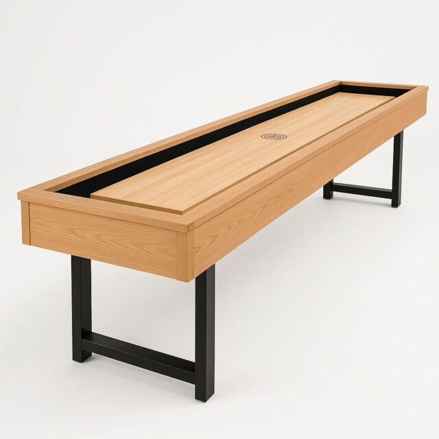 Custom shuffleboard table with natural oak finish, modern cabinet, metal frame base, black gutters, and commercial gloss